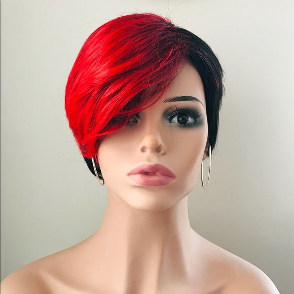 Short Red & Black “Put On & Go” Synthetic Wig for Daily Wear or Events - Picture 4 of 5